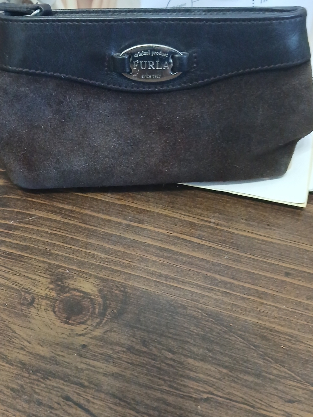 Furla Dark Brown Suede Wristlet with Leather Trim